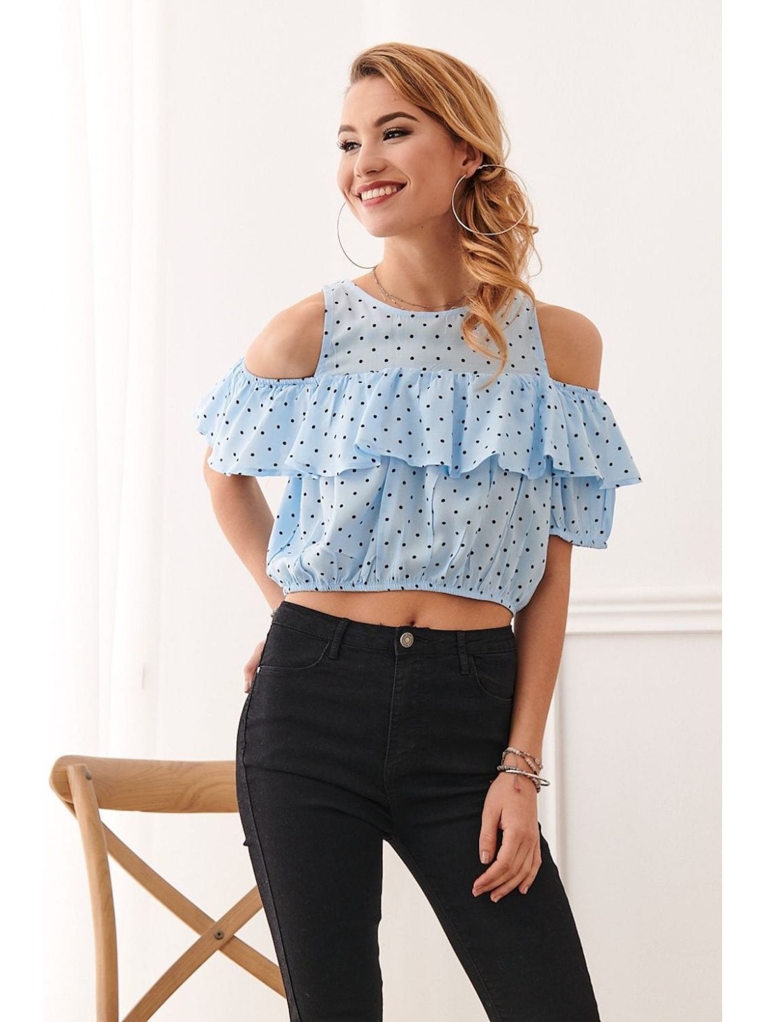 Light blue short blouse with polka dots 21521 - Online store - Boutique